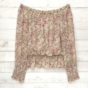 Kori Floral Chiffon Off-Shoulder Peasant Top Blouse • Tan Floral • Sz L • EUC